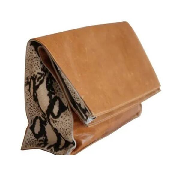 Ceri Hoover Bag Leather and Calf Hair Brown Python Print Clutch Crossbody Bag - Picture 1 of 15